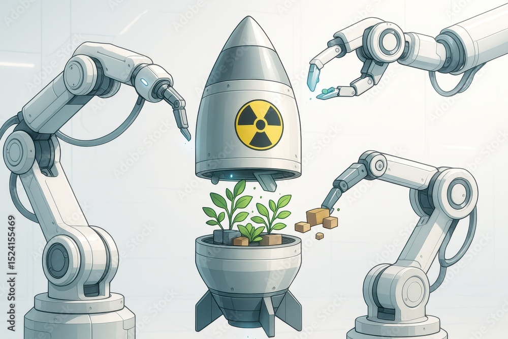 Poster nuclear weapons viewed as outdated technology in a futuristic context of robotics and plant growth