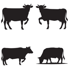 Fototapeta premium Cow and Bull Silhouette Vector Collection – Black Farm Animal Clipart in Standing, Grazing and Sitting Poses on White Background for Commercial and Branding Use . Thank You .