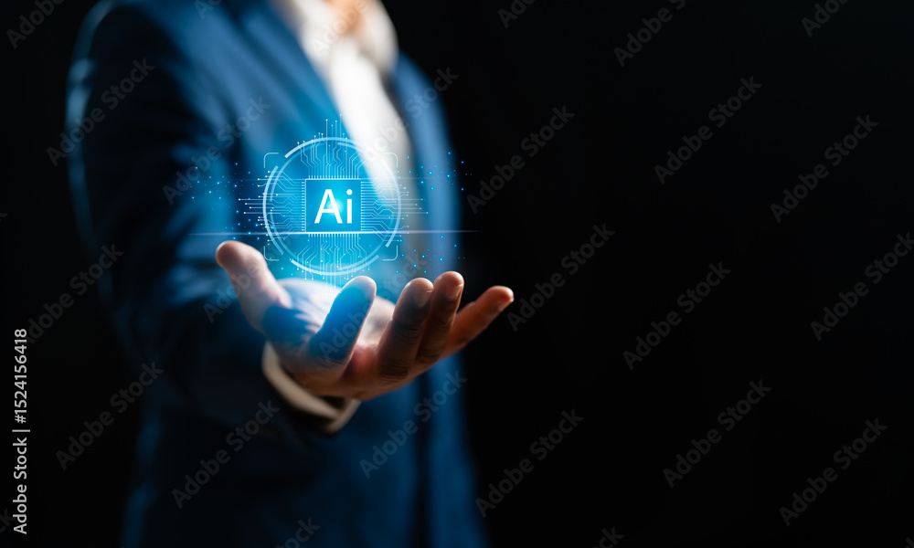 Poster businessman showing ai technology analyzing financial data stock market. document data management on