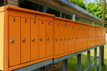 Bright orange mailboxes lined up in a peaceful suburban setting during daylight hours
