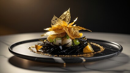 Gourmet Black Pasta Dish with Golden Garnish Elegant Fine Dining Culinary Creation