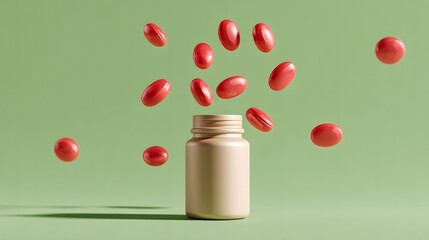 Minimalist image of beige supplement bottle falling into a smooth green background creating a calming effect