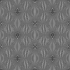 Monochrome vector geometric seamless pattern with floral silhouette, curved lines. Repetitive texture.