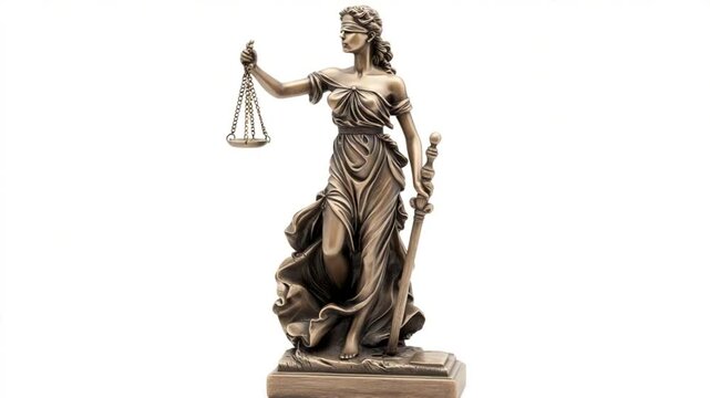Bronze Lady Justice Statue Symbolizing Fairness and Ethical Principles on White Background
