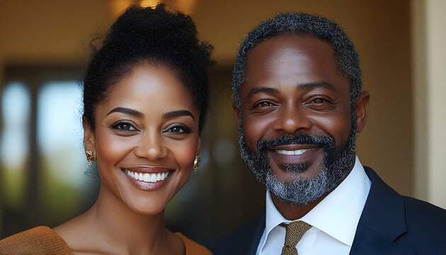 Smiling couple stands together, the man in a suit and the woman with a stylish updo, near an elegant doorway - Powered by Adobe