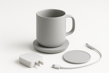 Smart mug standing on charging base with charger and coaster on white background