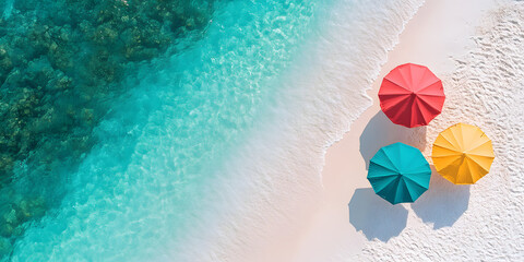 Tropical Paradise: A vibrant aerial view of a beach scene, with colorful parasols providing shade, contrasting against the clear turquoise ocean and pristine white sand.