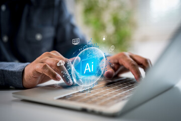 businessman uses tools an AI assistant to represent smart technology, artificial intelligence...