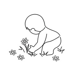 Child picking flowers line drawing simple illustration