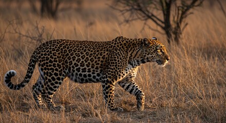 Fototapeta premium Majestic Leopard Strolling Through Golden Grasslands at Sunset Wildlife Photography