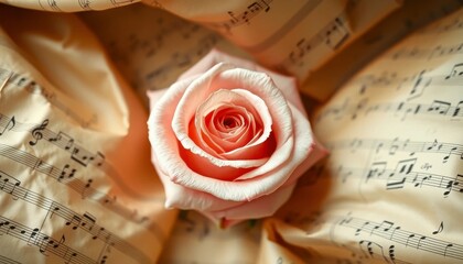 Naklejka premium A delicate peach rose nestled amongst the flowing folds of musical notation; a poignant symbol of artistic expression and beauty