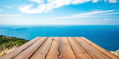 Fototapeta premium Serene Ocean View with Rustic Wooden Tabletop Ideal for Product Display or Summer Vacation Theme