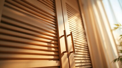 Obraz premium Sunlit Wooden Louver Doors Interior Design Detail