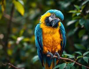 A Vibrant Blue-and-Gold Macaw Perched on a Branch Amidst Lush Green Foliage