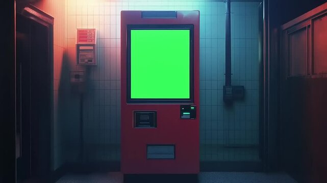 A bright red vending machine stands alone in a dimly lit corridor with tiled walls