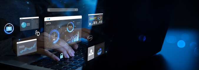 woman analyst uses a computer AI artificial intelligence and dashboard for data business analysis...