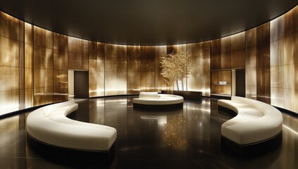 Modern, circular lobby with curved seating