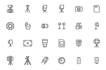 Photography and camera equipment icons vector illustrations for creative imaging, photography tools, and design