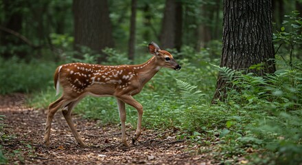 Fototapeta premium White-tailed Deer Fawn in Lush Forest A Charming Wildlife Encounter