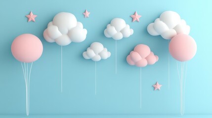 Pastel Cloud Balloons and Stars 3D Render, Balloon, Cloud