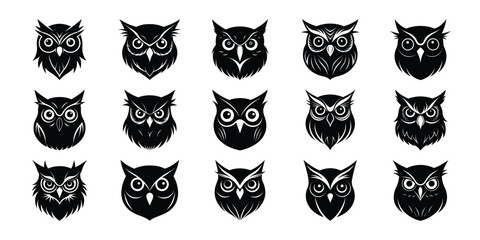 Owl Silhouette Set – Wide-Eyed Bird Faces in Black for Nature and Night Themes