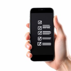 Hand holding smartphone with checklist isolated on white background