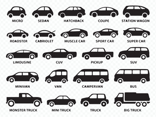 Vehicle silhouette icons set with car and truck vector collection