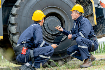 Two factory workers sit near wheel of truck and check or maintenance in workplace area.