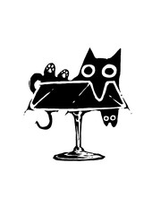 Tattoo style line art of cat and ghosts on a martini glass