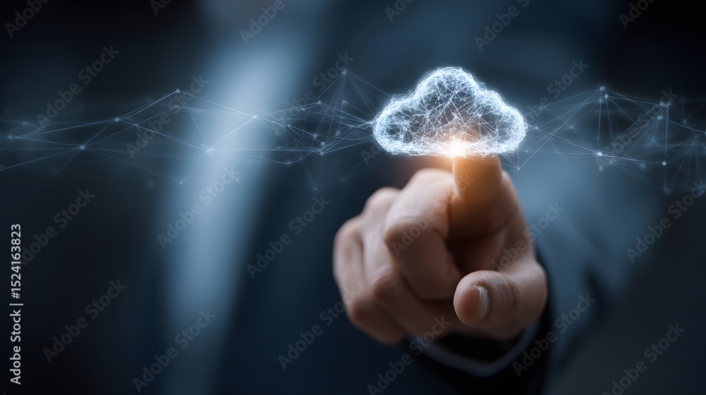 Aufkleber person holding a cloud symbolizing cloud computing and saas technology with digital network connecti