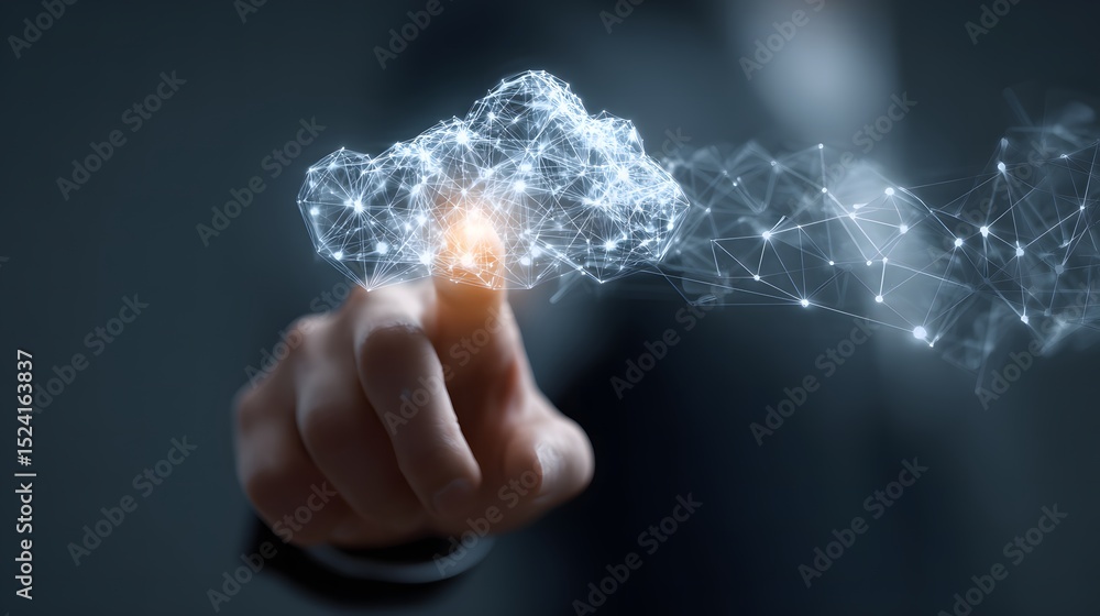 Poster person touching a fingerprinted cloud representing cloud computing technology and saas solutions in 