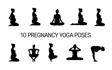 Collection of pregnant woman yoga poses silhouette
