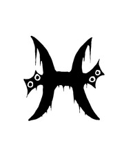 Dark, dripping Pisces zodiac symbol with spooky eyes, unique design
