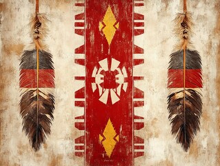 Red and Beige Feather Abstract Art with Tribal Design, Native American Art, Bohemian Decor Native American Art, Bohemian Decor