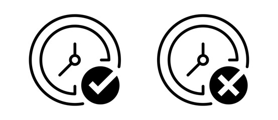 Conjunto de iconos de relojes con decisiones. Tiempo aprobado y rechazado. Reloj con marca de verificación y reloj con símbolo de x. Ilustración vectorial