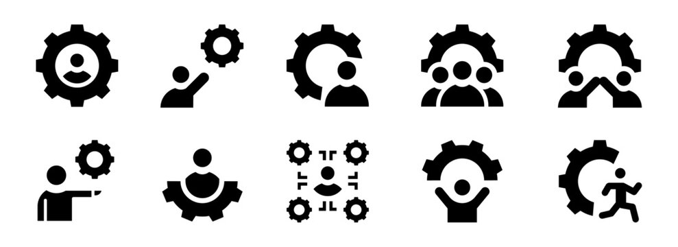 Conjunto de iconos de administrador. Gesti&oacute;n, liderazgo, administraci&oacute;n de equipos y funciones. Usuario con engranaje, sostener, alcanzar, coordinar, conectar y liderar. Ilustraci&oacute;n vectorial