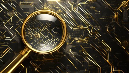 Golden magnifying glass over complex circuit board