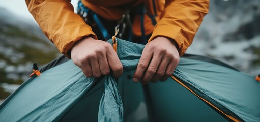 Climber’s hands setting up two-person tent with care in a rugged mountain landscape.