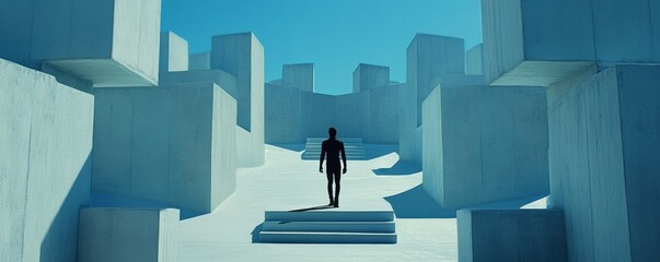 Silhouette in Blue Concrete Maze, Minimalist Architecture, Futuristic Design, Abstract Minimalism, Architecture
