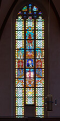 Leipzig, Germany. The stained glass window with portrait of Felix Mendelssohn Bartholdy in...