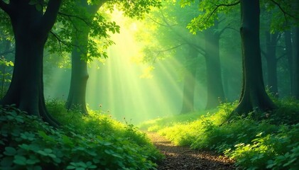 Sunbeams illuminate a lush green forest, dappling the leaves and creating a magical, ethereal glow Perfect for nature, serenity, and fantasy themes , greenery, sunlight, sunbeams