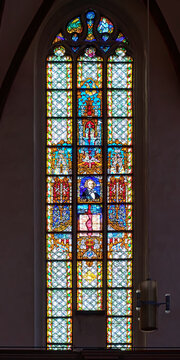 Leipzig, Germany. The stained glass window with portrait of Felix Mendelssohn Bartholdy in Thomaskirche (St Thomas Church).