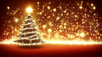 Sparkling Gold Christmas Tree with Snowflakes, Holiday Background, Festive Lights Christmas, Winter