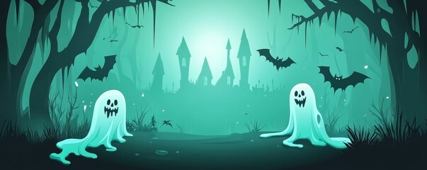 Teal Halloween Ghosts and Castle, Halloween illustration, spooky scene Halloween, Ghosts