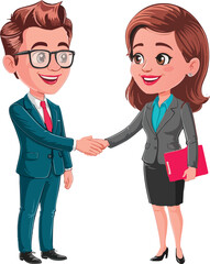 Smiling business professionals shake hands, signifying a successful agreement.