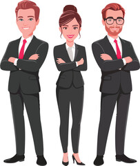 Diverse business professionals, a successful team of men and women in suits, are standing together, symbolizing teamwork and managerial success