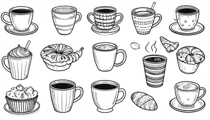 Fototapeta premium Hand-drawn illustration of various coffee cups, pastries, and coffee-related items in a monochrome sketch style, showing diverse cup designs and accompanying treats