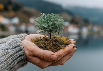 Hands holding a small green plant. Ecology and environmental care concept.