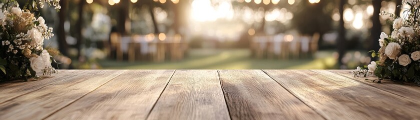Wooden Table with Wedding Flowers and Garden Background, rustic, event