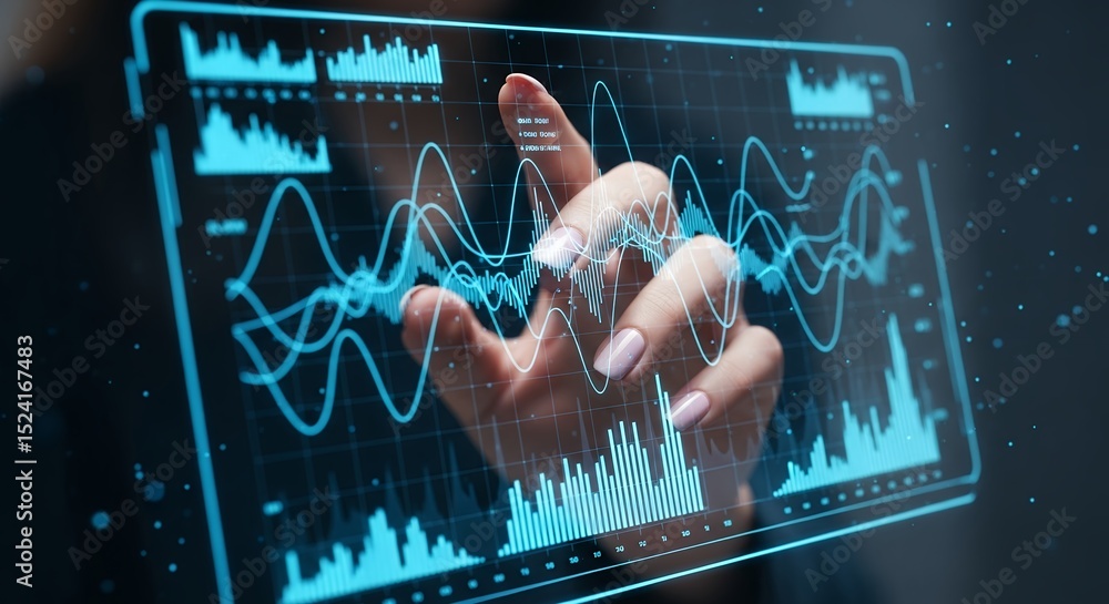 Poster futuristic data analysis: hand interacting with holographic charts and graphs on a transparent scree